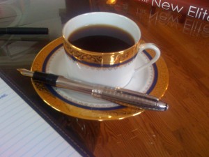Gold Rimmed Coffee Cup and Saucer with Montblanc Fountain Pen Gold Rimmed Coffee Cup and Saucer with Montblanc Fountain Pen