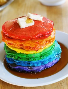 Rainbow Pancakes I came across these rainbow pancakes when reading the blogs and thought it was a really cool idea. Of course, the fact that it reminds me of either a Christian Bible Camp or a gay pride parade is funny. I like a little dichotomy in my breakfast.