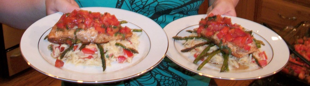 Fresh Salmon with Tomato Bruschetta on Pasta