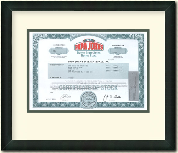 Papa John's Stock Certificate Papa John's Stock Certificate