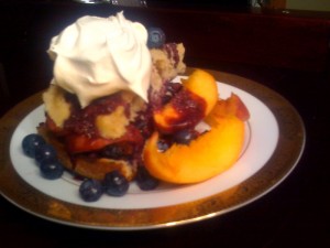 Vanilla Cake with Blueberries, Peaches, Strawberries, and Whipped Cream