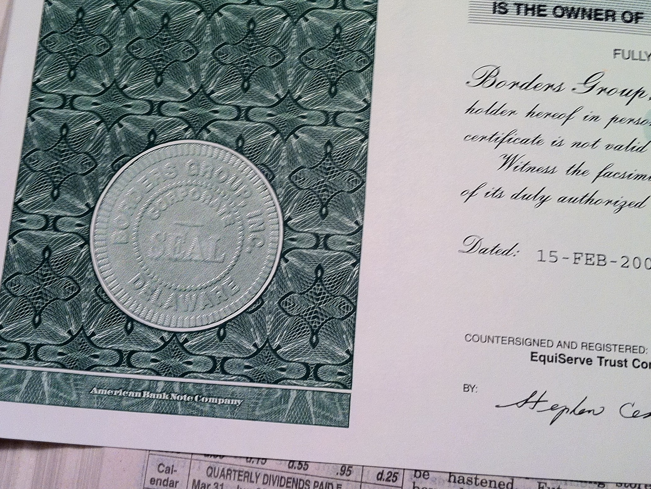 Borders Group Stock Certificate