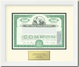 Framed Share of Coca-Cola Common Stock as a Gift