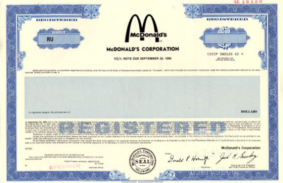 McDonald's Bond Certificate Corporate Debentures