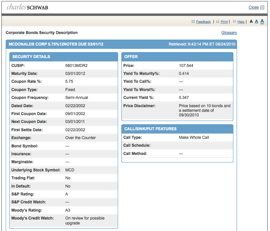 McDonald's Corporate Bond Summary Sheet from Charles Schwab & Company