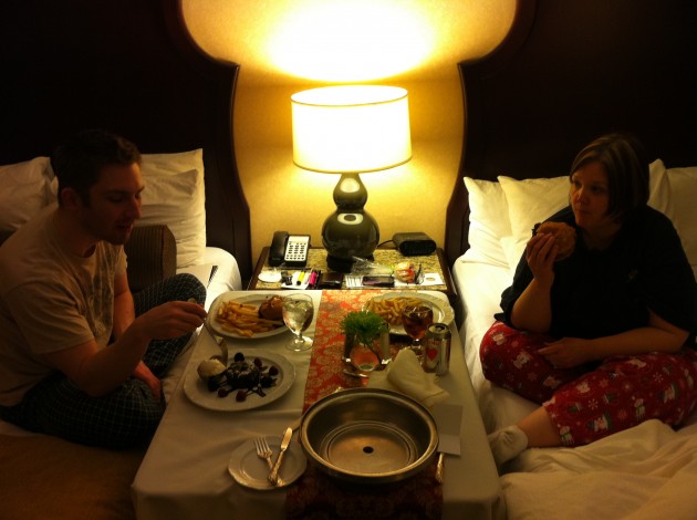 Aaron and Tammy Eating Room Service