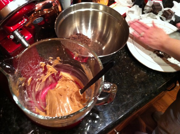 Mixing Peanut Butter and Chocolate Chopped in Glass Bowls