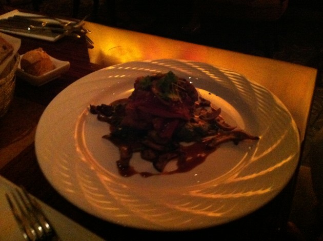 Jiko Seared Barbie Duck Breast with Potato and Spinach Masala, royal Trumpet Mushrooms, and Port Emulsion