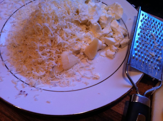 The Aligot potatoes called for Gruyere cheese, mozzarella cheese, whole milk, garlic cloves, unsalted butter, table salt, Yukon Gold potatoes, and ground black pepper.