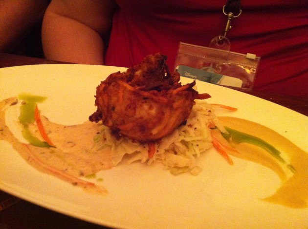 Ashly's appetizer from The Brown Derby was "Blue Lump Crab Cake with Potato Crust, Green Cabbage Slaw, Cognac-Mustard Sauce, and Remoulade".