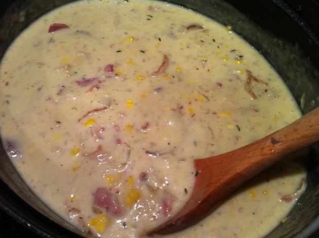 Adding Bowl Number Four with Potatoes and Corn Kernels to the Corn Chowder Adding Bowl Number Four with Potatoes and Corn Kernels to the Corn Chowder