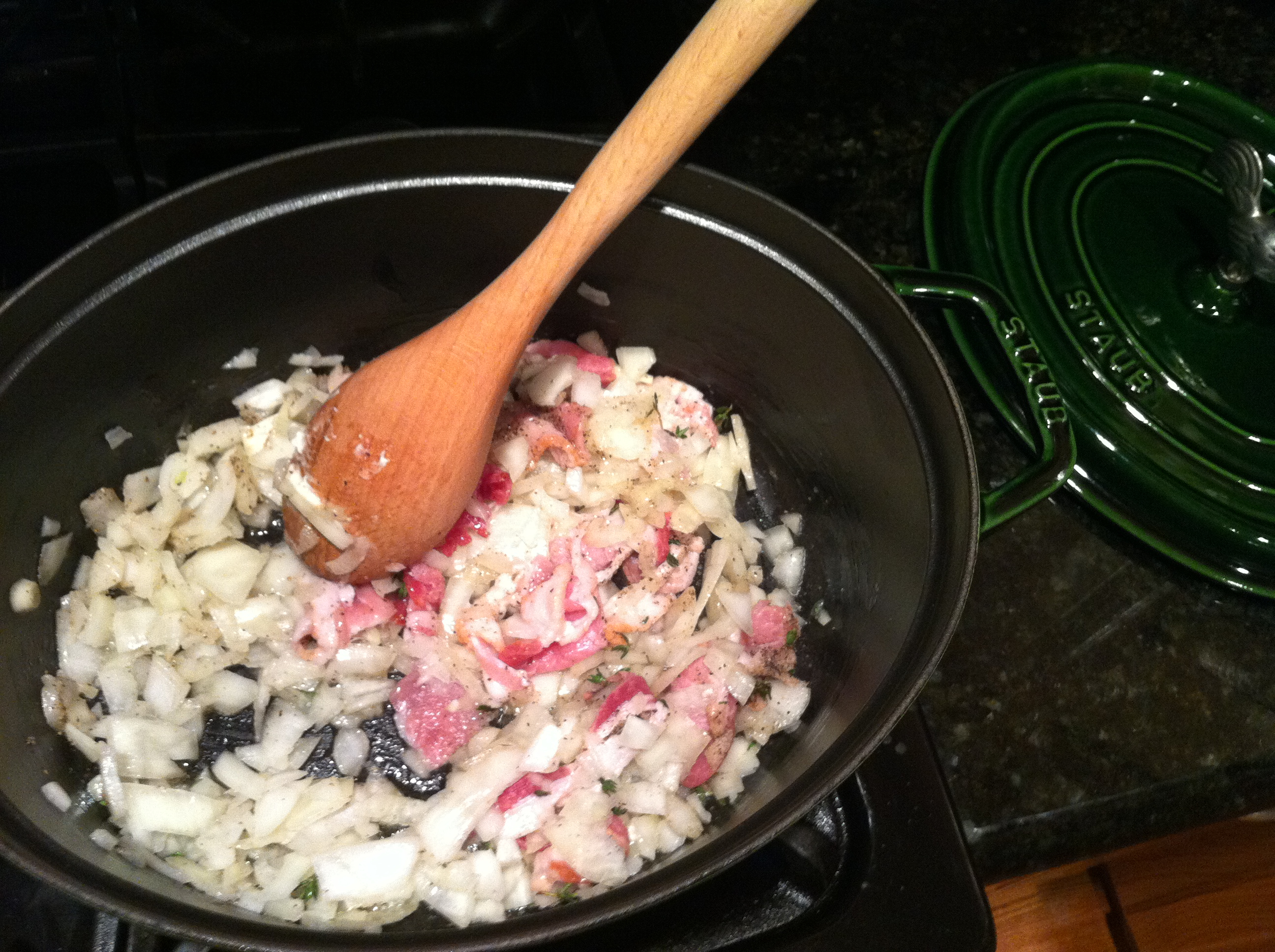 Browning the Onions and Bacon for the Corn Chowder Recipe