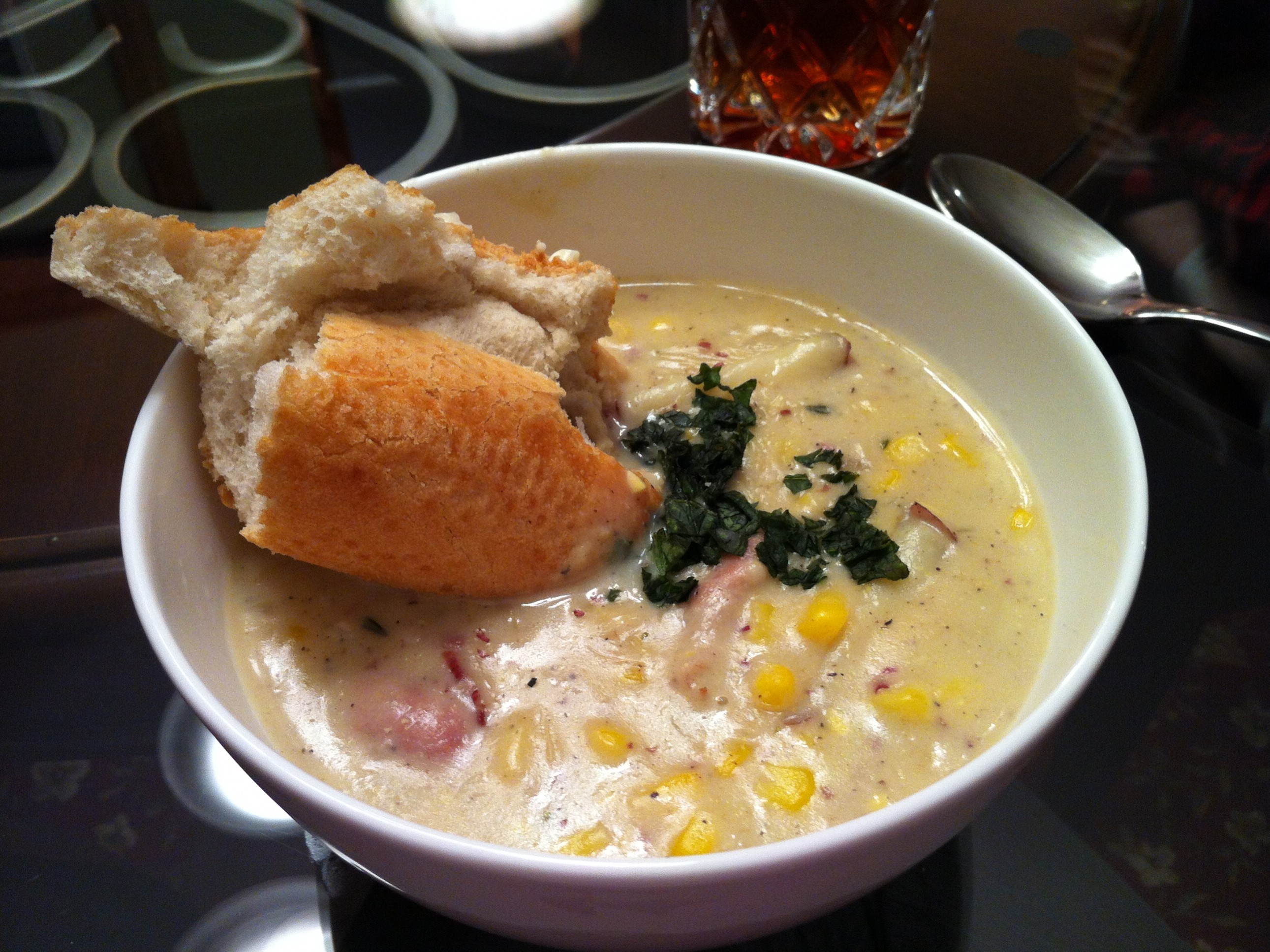 Finished Corn Chowder with Sweet Tea and French Baguette