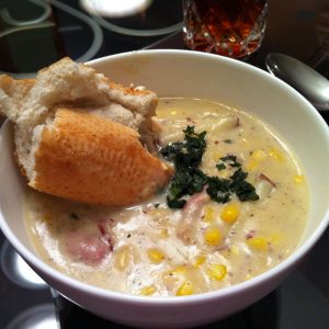 Finished Corn Chowder with Sweet Tea and French Baguette