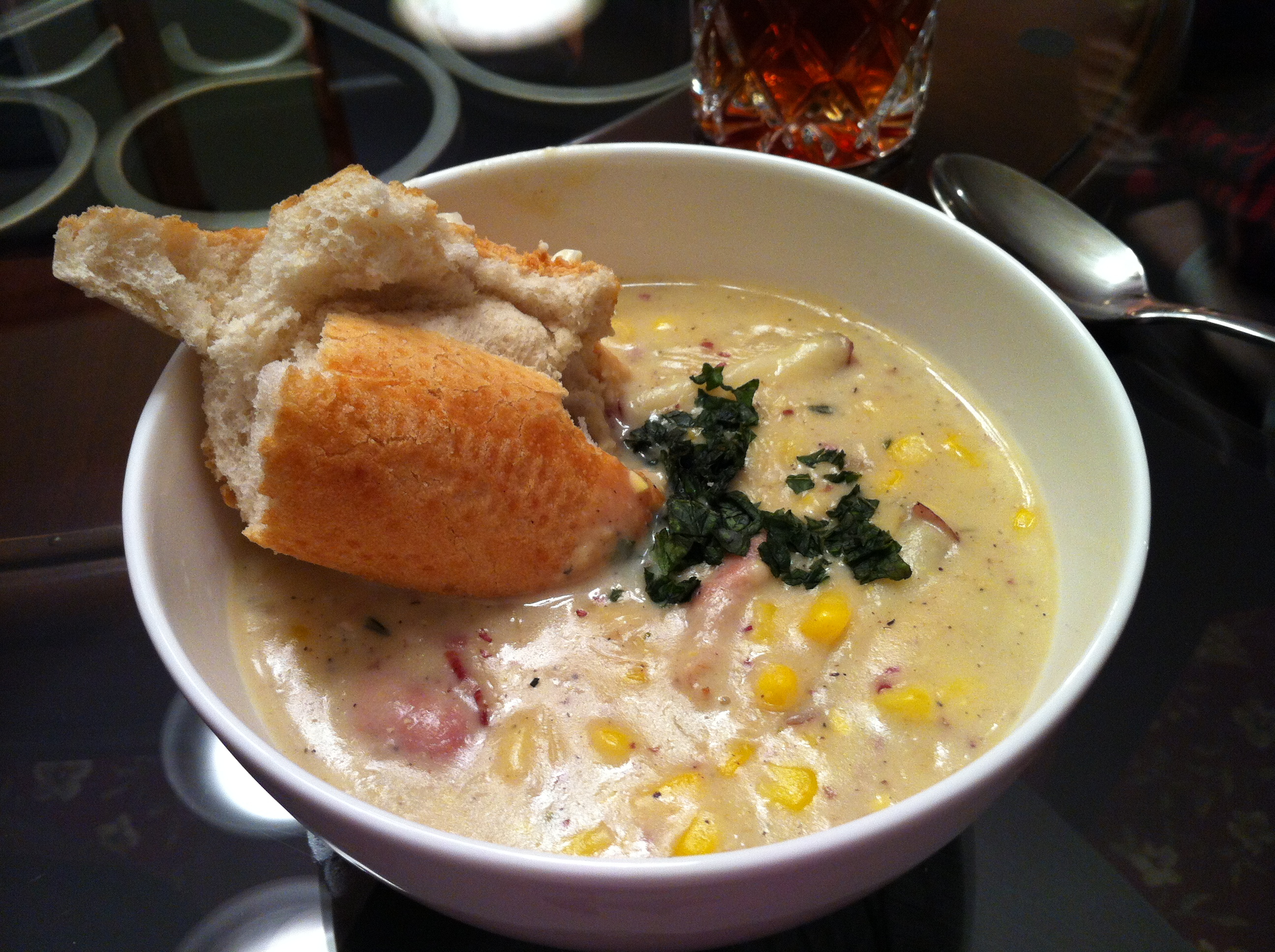 Finished Corn Chowder with Sweet Tea and French Baguette