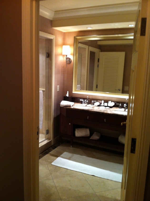 Bathroom from Entry Way of Ritz Carlton Denver Hotel Room