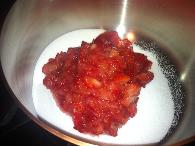 Sugar and Lemon Juice Added to Fresh Strawberry Pulp for Jam