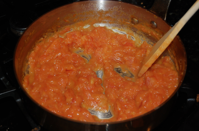 Reduced Tomato Sauce with Onions and Butter Prior to Pasta