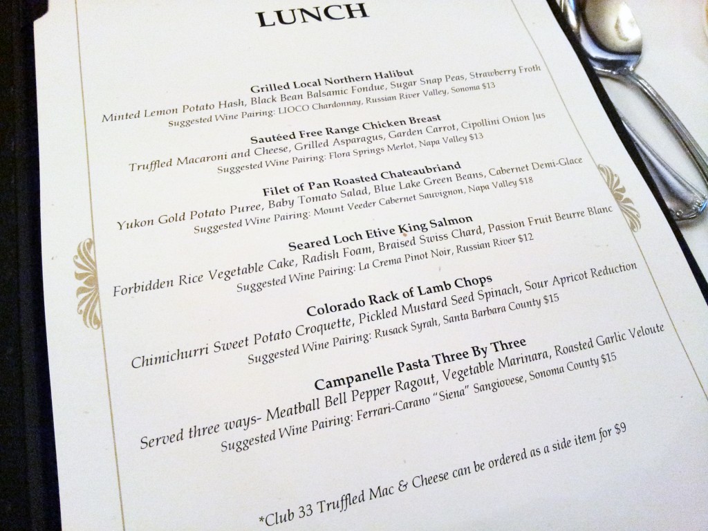 Club 33 Lunch Menu