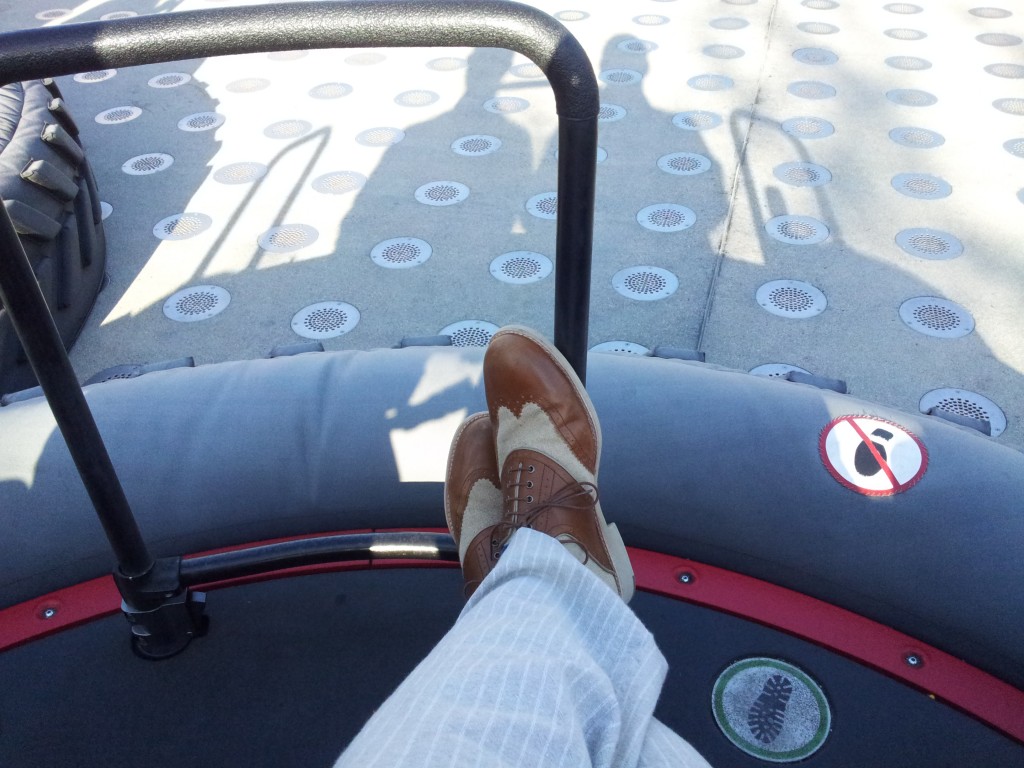 When you get on your flying tire, you look down to see the entire floor of the arena is filled with holes.  All of a sudden you hear a huge whooshing sound as the fans start and so much air is pushed through you are actually lifted, like a hovercraft. You then have to learn in the direction want to travel and you will fly across the arena, bumping into other riders.