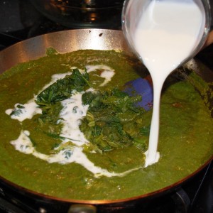 Adding Buttermilk to the Saag Paneer
