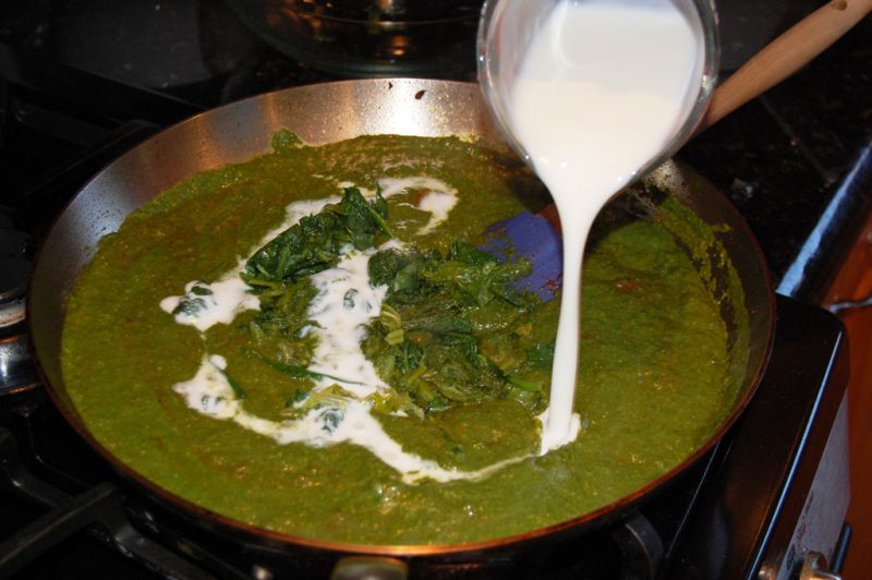 Adding Buttermilk to the Saag Paneer