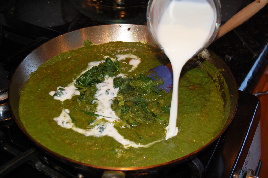 Adding Buttermilk to the Saag Paneer