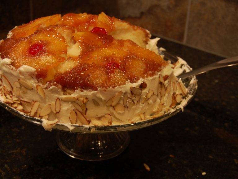 Frosted Almond Pineapple Upside Down Cake Stacked Frosted Almond Pineapple Upside Down Cake Stacked
