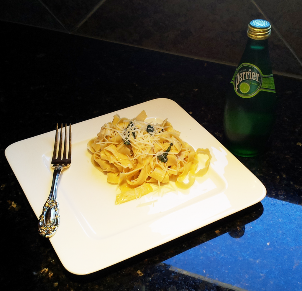 Finished Sage and Butter Sauce Over Freshly Made Pasta