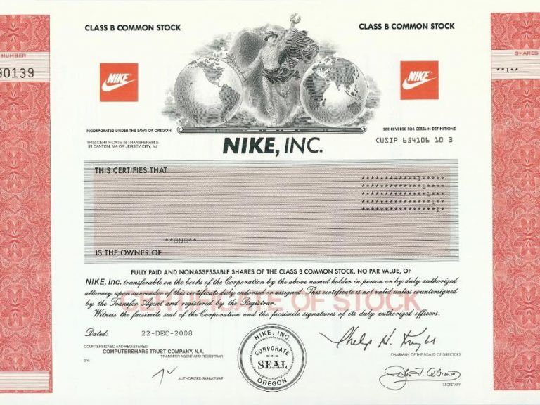 NIKE stock certificate