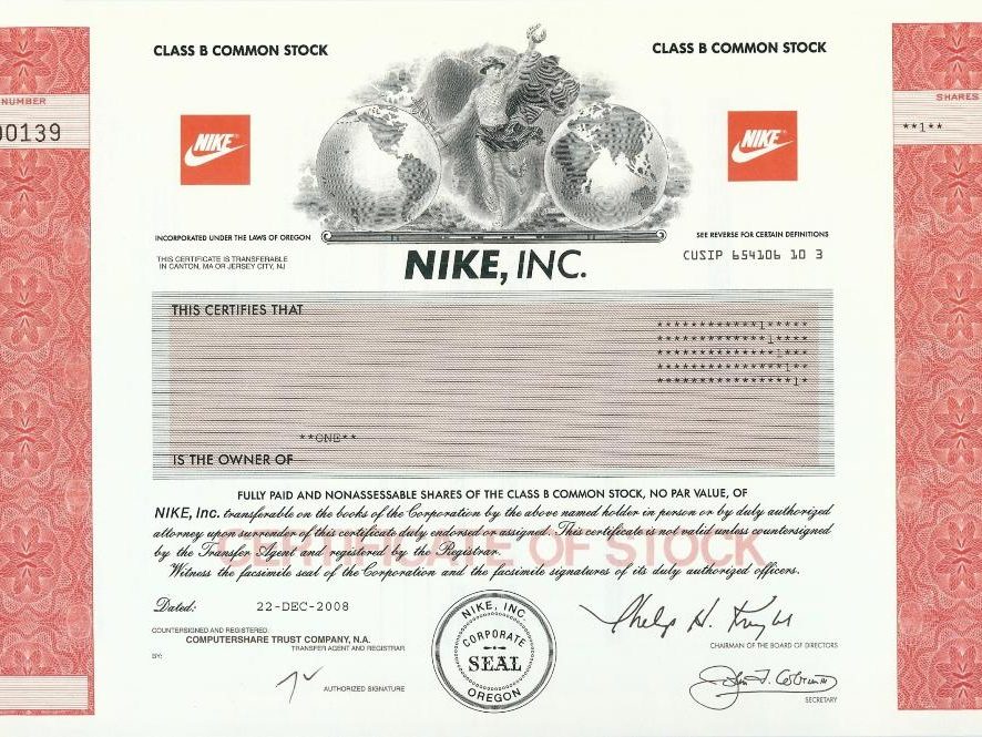NIKE stock certificate