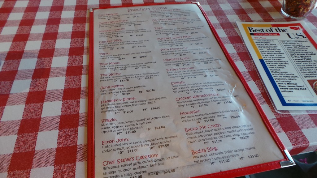 Bill's Pizza Palm Springs Menu