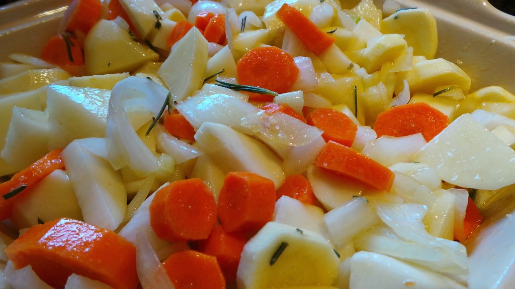 Closeup of Slow Roasted Root Vegetable Casserole Before Cooking