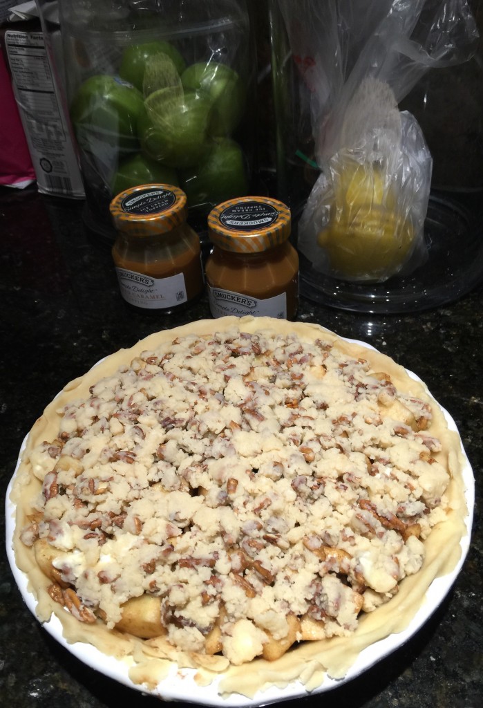 Topping Put On Caramel Pecan Apple Pie Ready for Oven