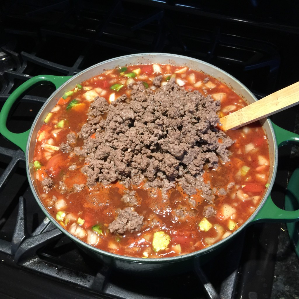 Drain the ground beef of its fat and then add the beef to the chili pot