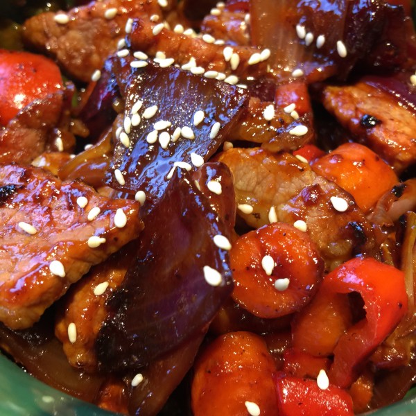 Finished Korean Stir Fry with Beef and Toasted Sesame Seeds
