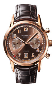 Tiffany CT60 Chronograph in 18k rose gold, 42 mm, self-winding mechanical movement with a brown soleil dial