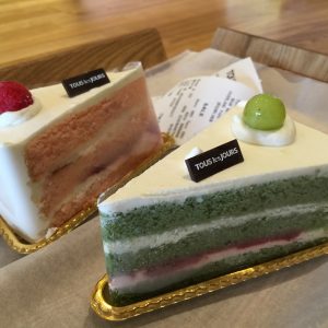 Aaron and my Green Tea and Strawberry Cakes from Korean-French Bakery Aaron and my Green Tea and Strawberry Cakes from Korean-French Bakery