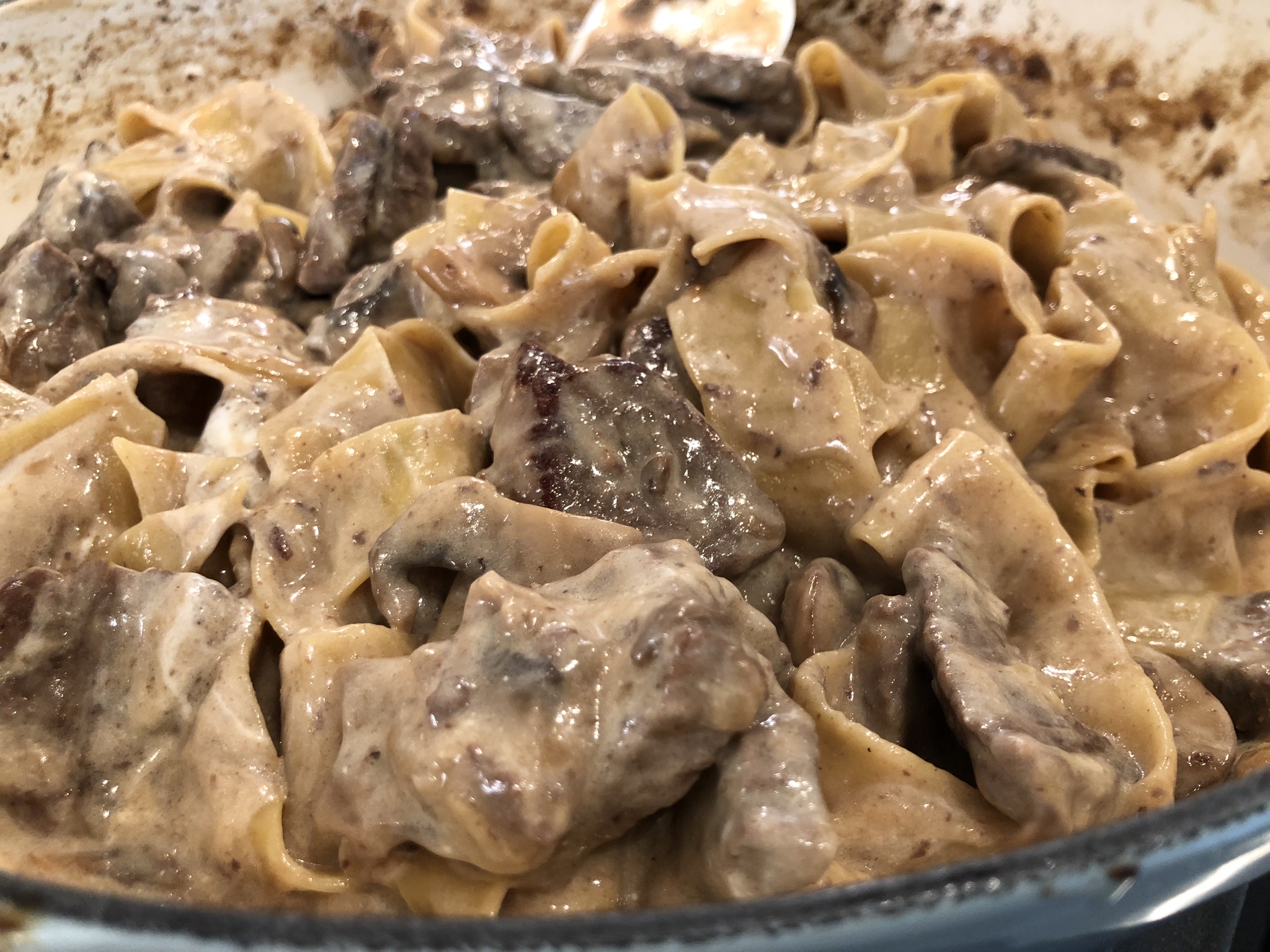 Close-Up of Beef Stroganoff Before Serving