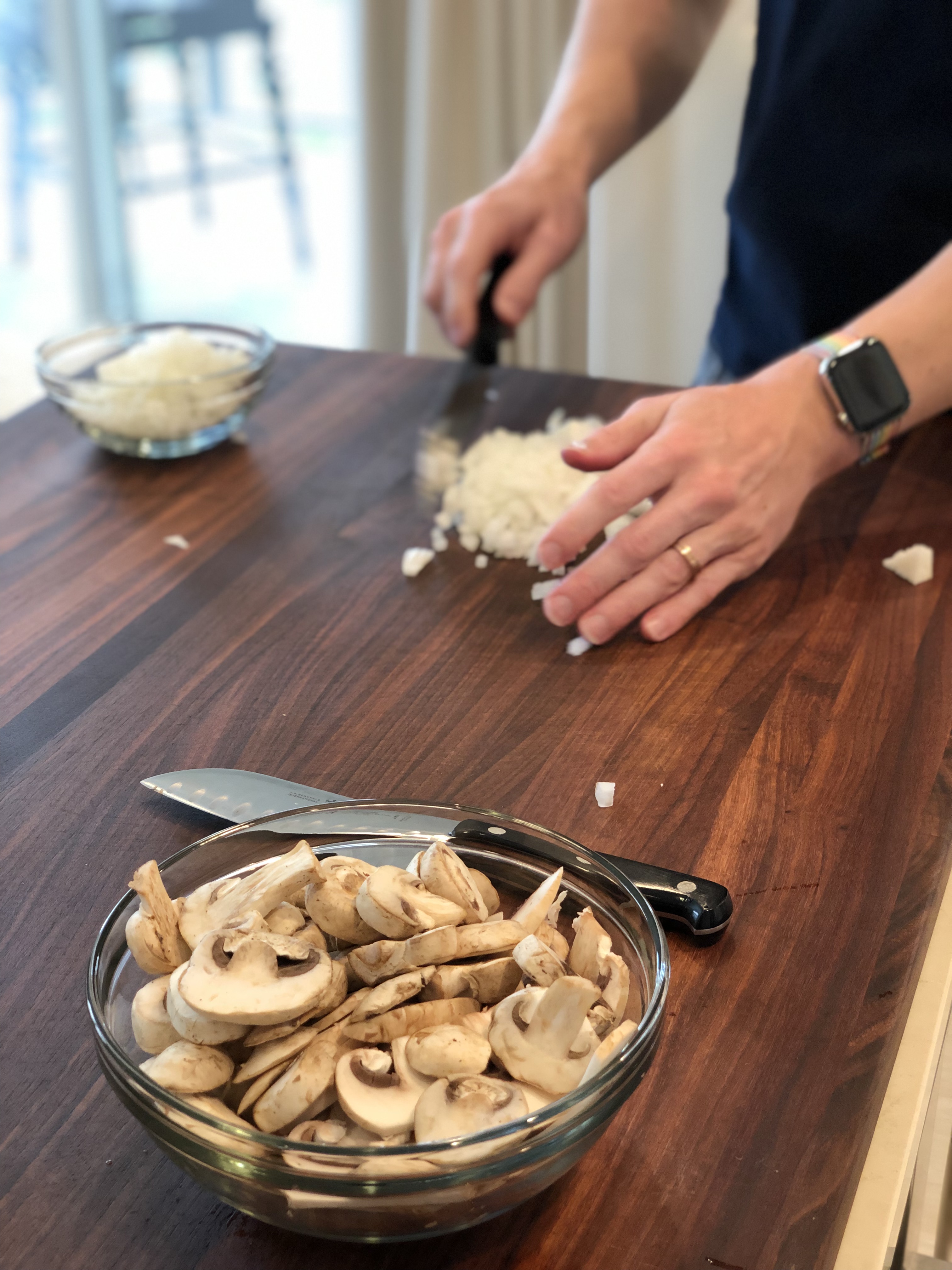 Cutting the Mushrooms and Onions for Beef Stroganoff