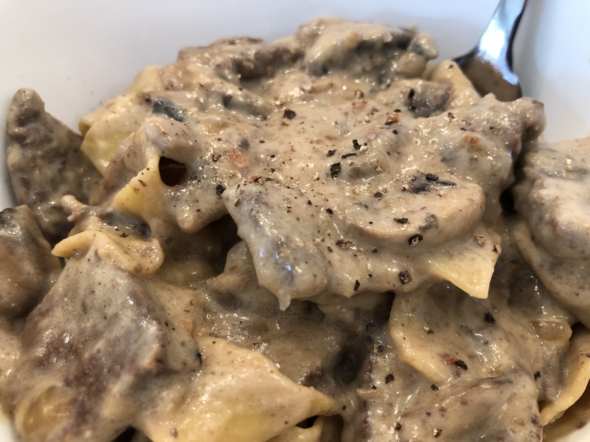 Finished Beef Stroganoff Recipe Close-Up with Salt and Pepper