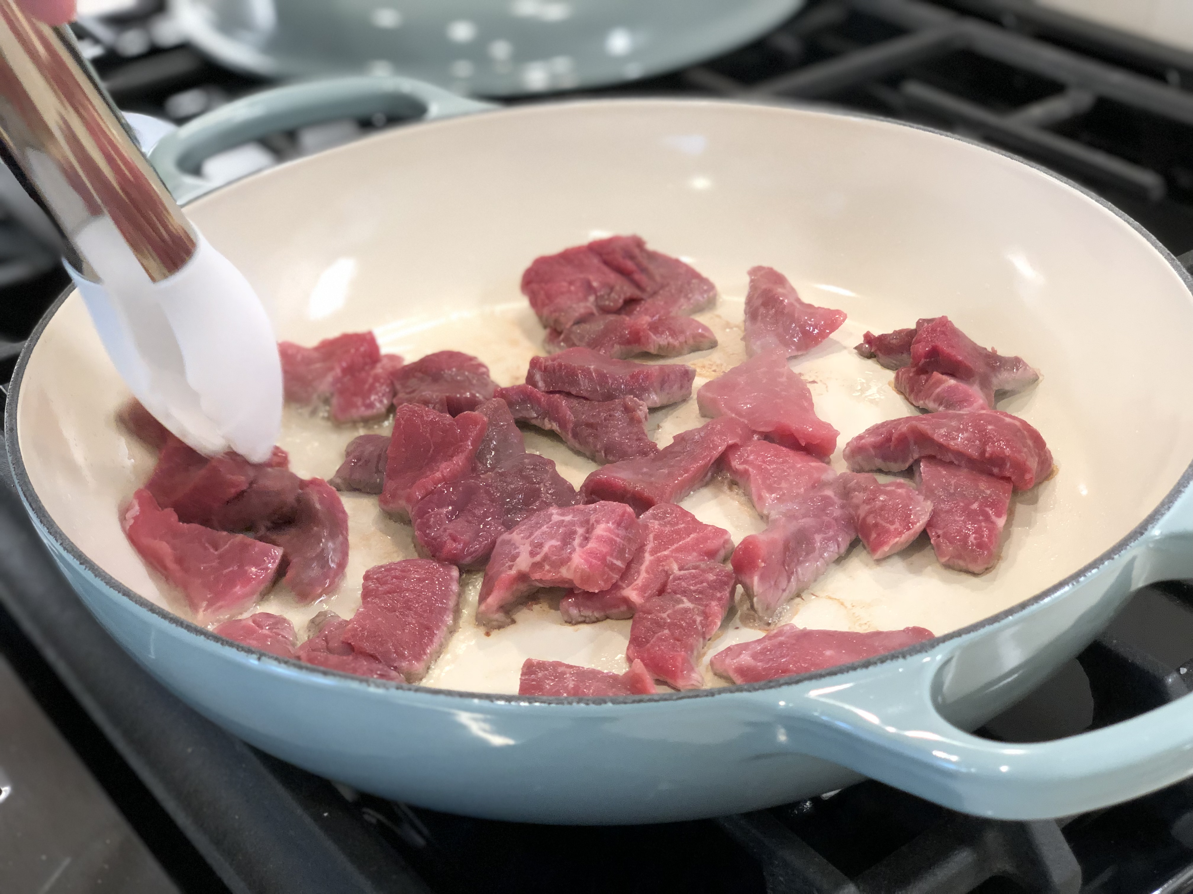 Place Half of the Beef in the Braiser to Brown It - Beef Stroganoff Recipe