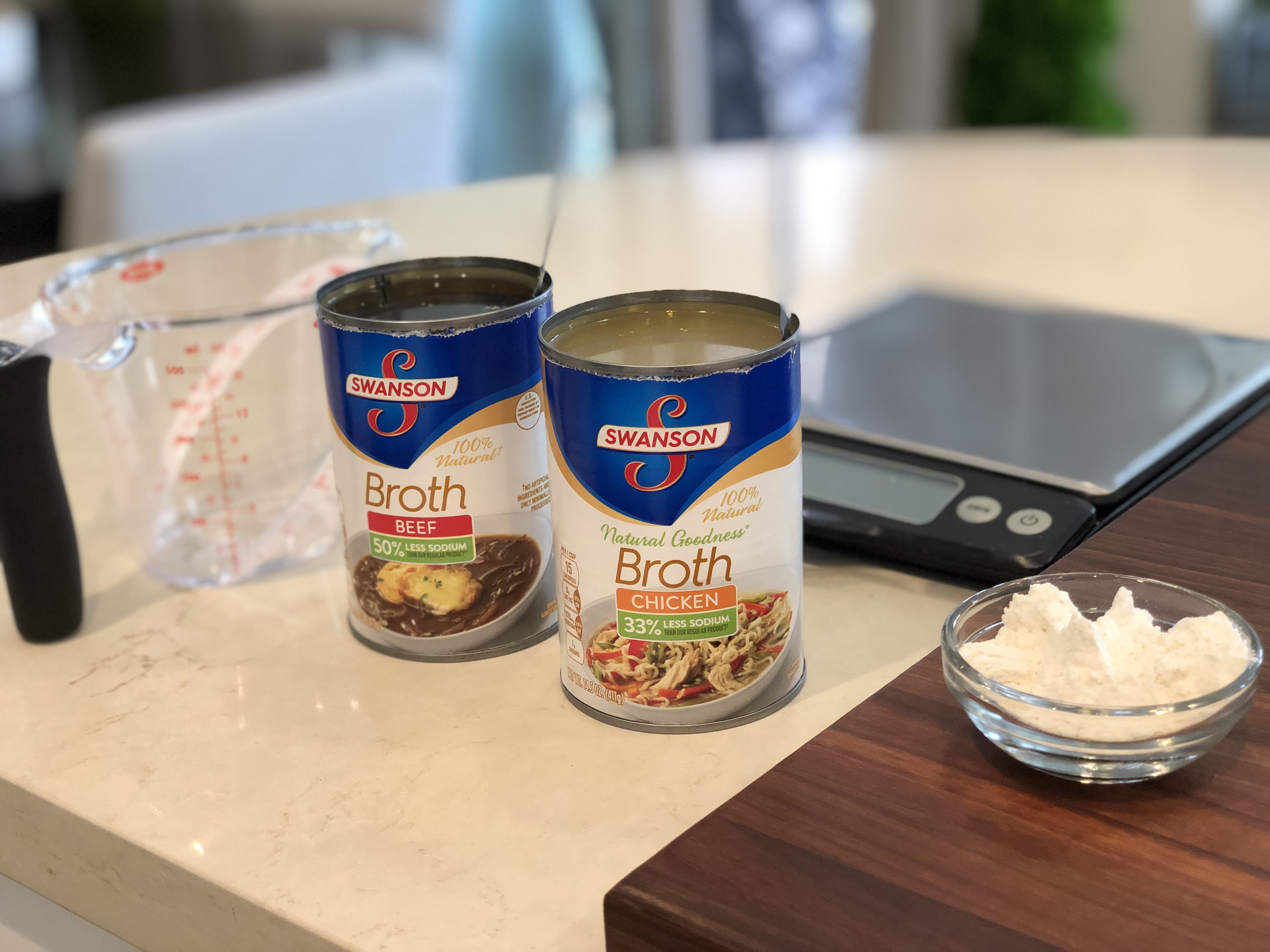 Preparing Flour, Beef Broth, and Chicken Broth for Beef Stroganoff Recipe
