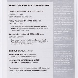 Aaron Green New York Philharmonic Avery Fisher Hall November 13, 14, 15, 2003 – Program Cover Aaron Green New York Philharmonic Avery Fisher Hall November 13, 14, 15, 2003 - Program Cover