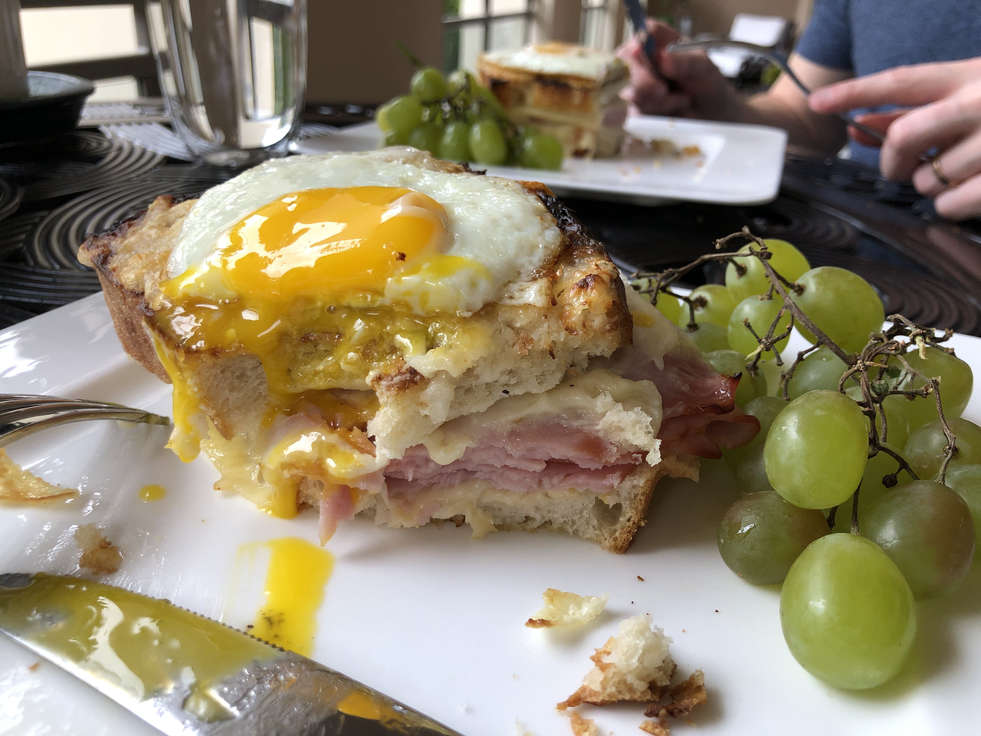 Aaron Made Croque Madame Sandwiches for Brunch Close-Up with Broken Egg