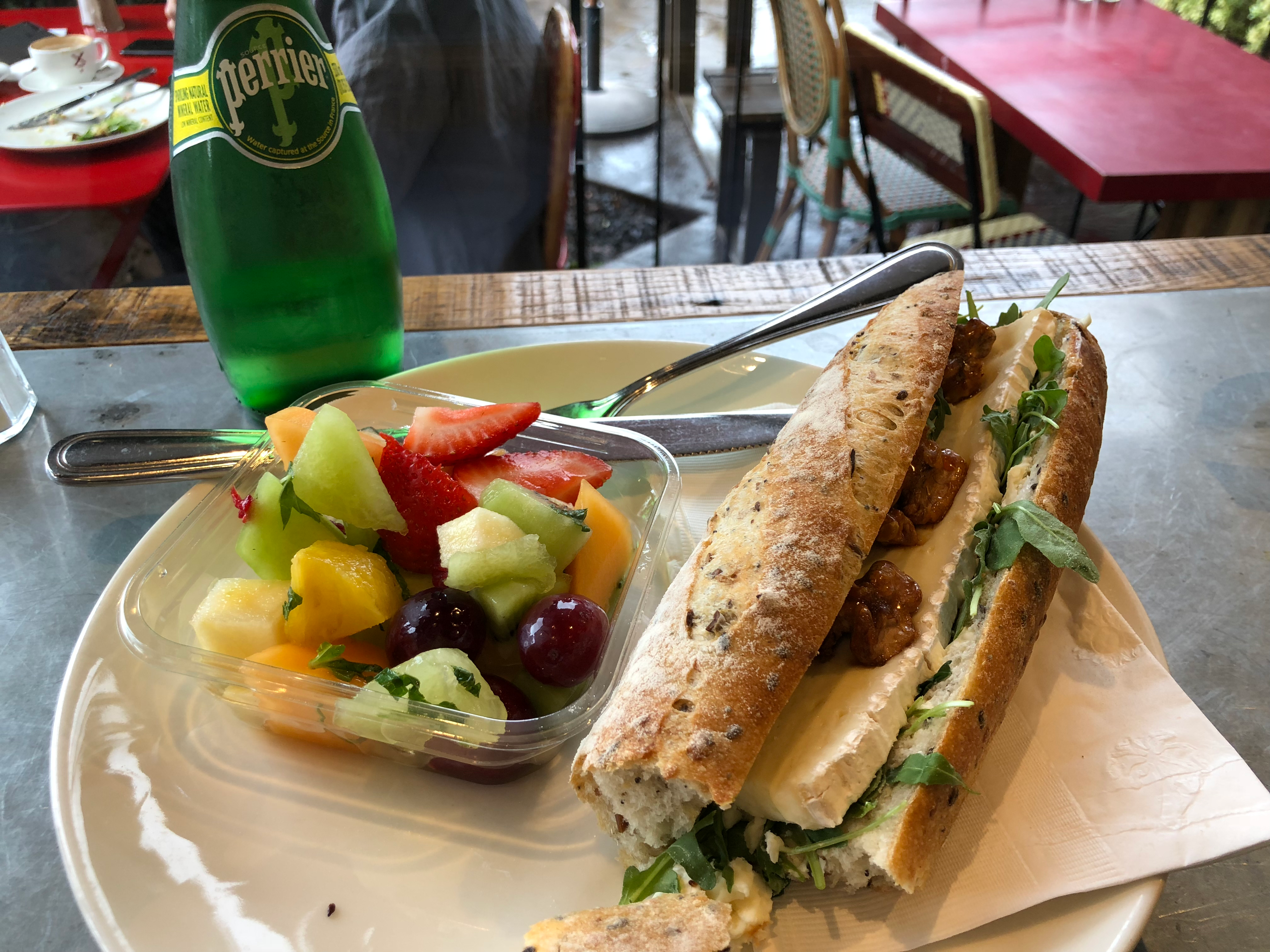 Baguette with Cheese Arugula and Candied Walnuts with Fresh Fruit - Moulin Newport Beach