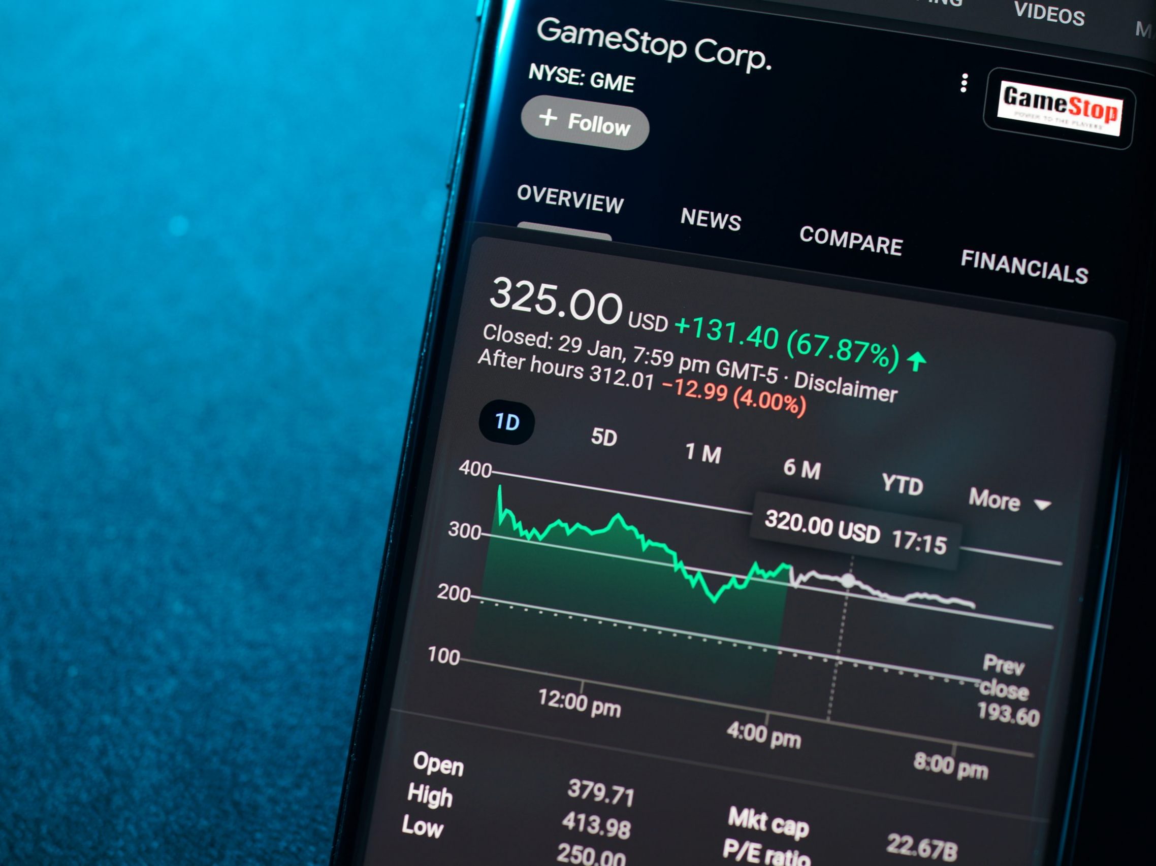 GameStop Corp stock index is seen on a smartphone. Trading in GameStop impacts Wall Street hedge funds. PENANG, MALAYSIA - 31 JAN 2021.